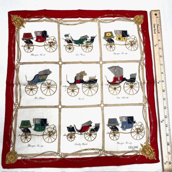 Unused Celine Paris Mini Scarf/Handkerchief Cotton 18" Ivery Red Gold Chariot(60 - Picture 4 of 6